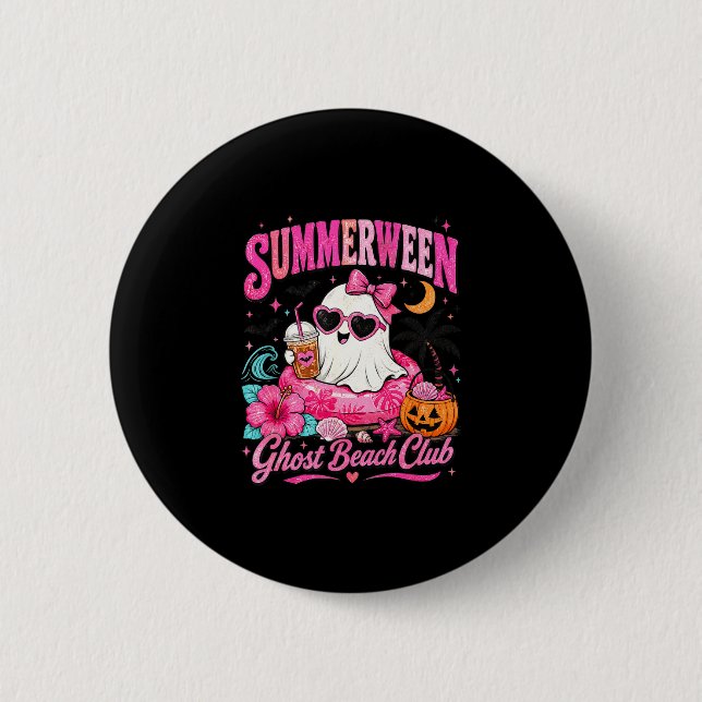Pink summerween cute ghost tropical beach vacation 2 inch round button (Front)