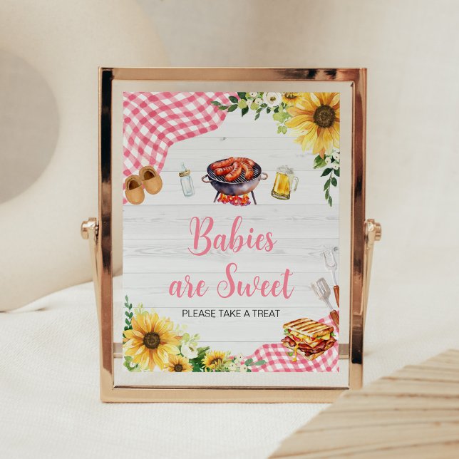 Pink Sunflower BBQ Baby Shower Babies are Sweet Poster (Baby- Q Backyard Baby Shower Babies are Sweet Sign)