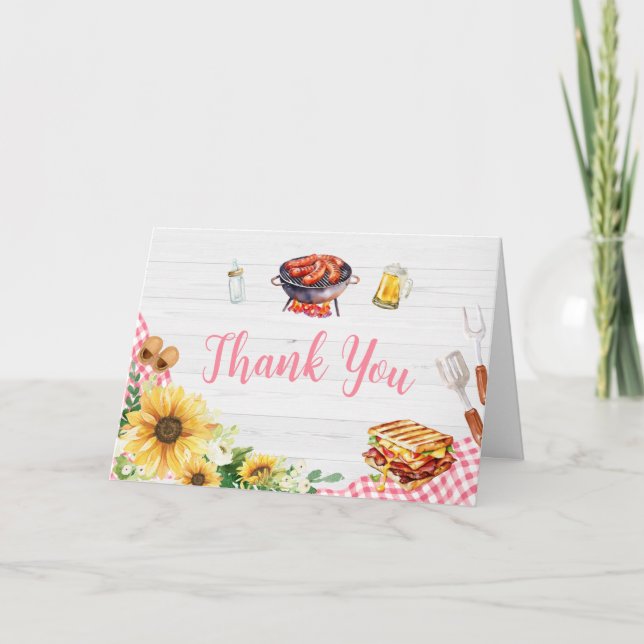 Pink Sunflower BBQ Baby Shower Thank You Card (Front)