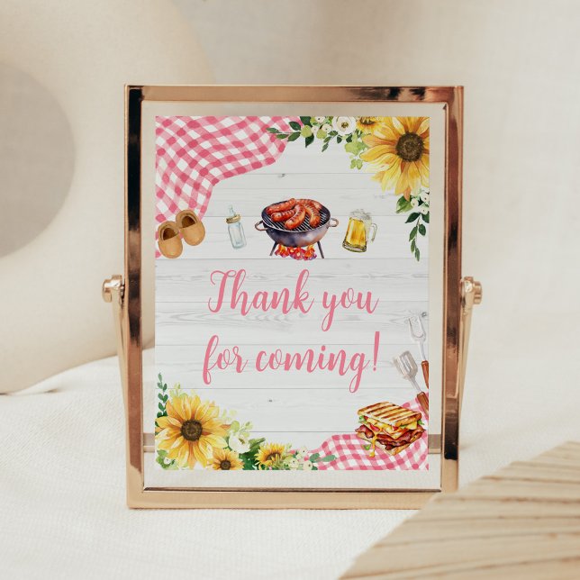Pink Sunflower BBQ Thank you for Coming Poster (Baby- Q Backyard Baby Shower Thank you for Coming Sign)