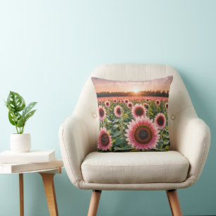 Pink Sunflower Field Throw Pillow