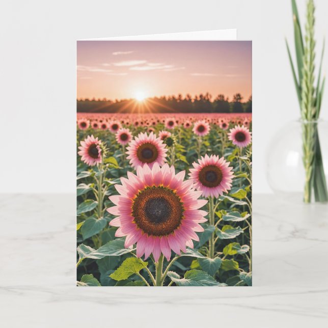 Pink Sunflower Field With Sunshine Sympathy Card (Front)