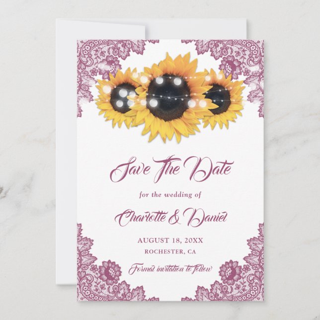 Pink Sunflower Rustic Floral Lace Wedding Save The Date (Front)