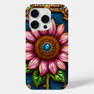 Pink Sunflower with Gemstone Details iPhone 15 Pro Case