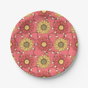 Pink Sunflowers Christmas Paper Plate
