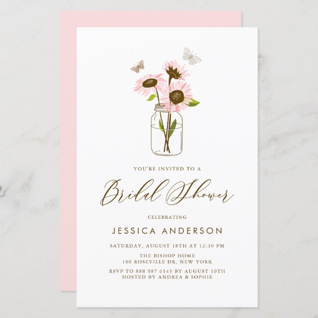 Pink Sunflowers in Mason Jar Bridal Shower Invite (Front/Back)