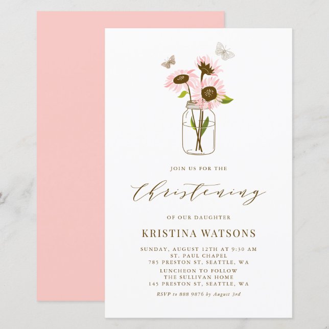 Pink Sunflowers in Mason Jar Christening Invite (Front/Back)