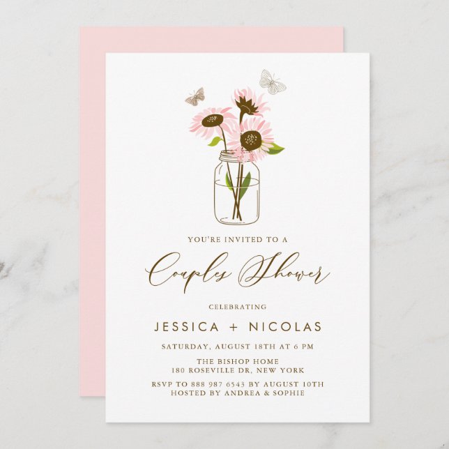 Pink Sunflowers in Mason Jar Couples Shower Invitation (Front/Back)