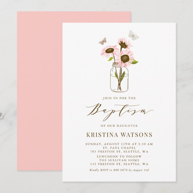 Pink Sunflowers in Mason Jar Summer Baptism Invitation (Front/Back)