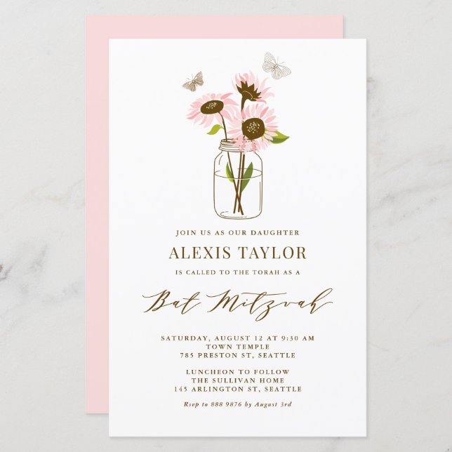Pink Sunflowers Mason Jar Bat Mitzvah Invitation (Front/Back)