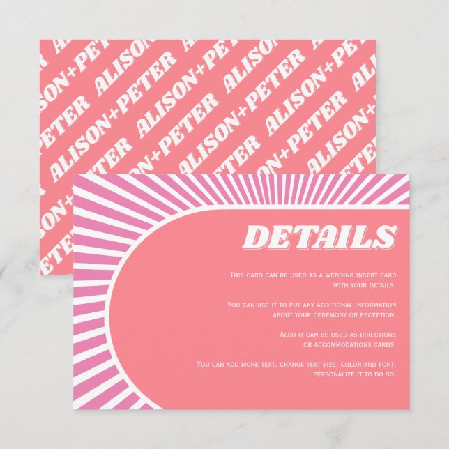 Pink sunrays retro groovy 70s inspired wedding enclosure card (Front/Back)