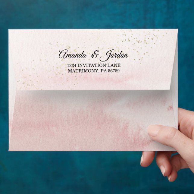 Pink Sunrise Mountain Wedding Invitation Envelope (Hand)