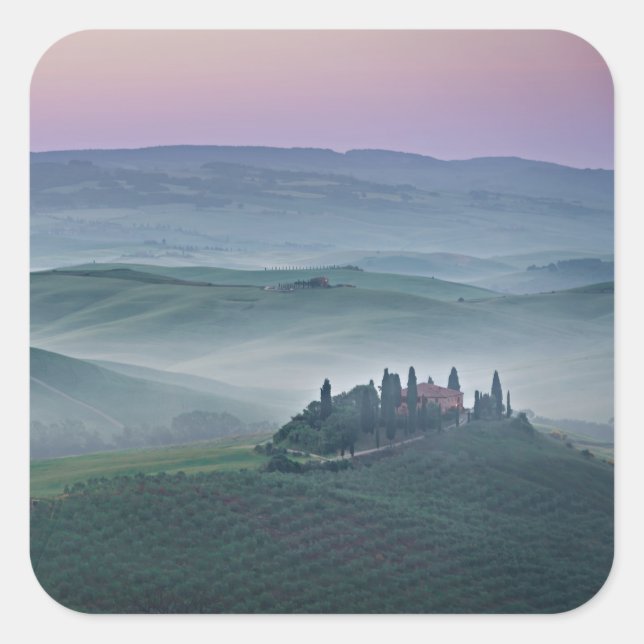 Pink sunrise over a Tuscany landscape sticker (Front)