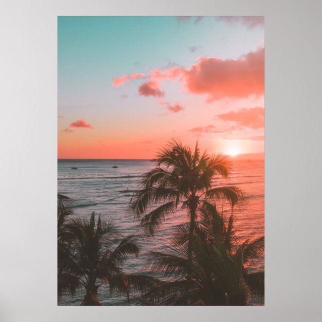 Pink Sunset Ocean Beach Palm Photography Poster (Front)