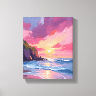 Pink Sunset Ocean Beach Waves Watercolor Canvas Print