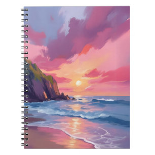 Pink Sunset Ocean Beach Waves Watercolor Notebook