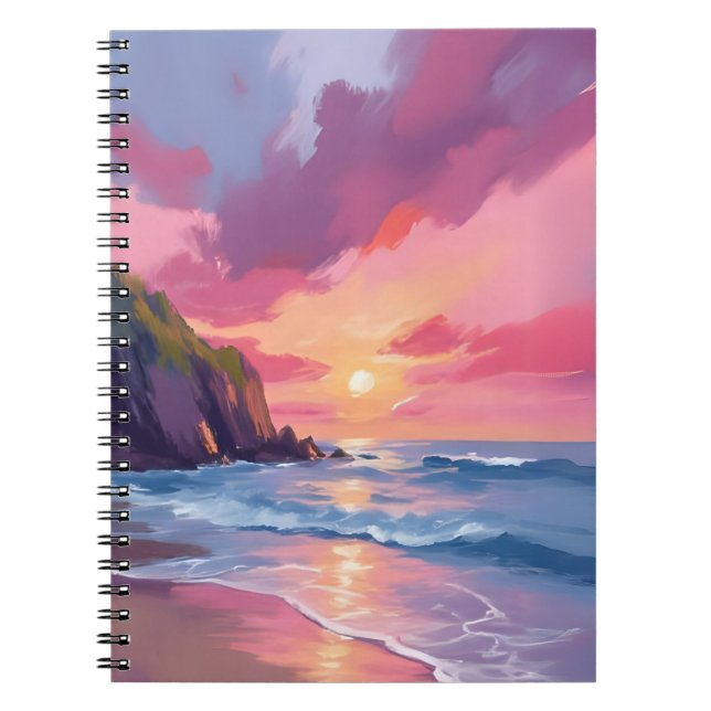 Pink Sunset Ocean Beach Waves Watercolor Notebook (Front)