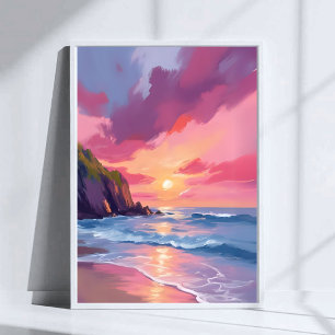 Pink Sunset Ocean Beach Waves Watercolor Poster