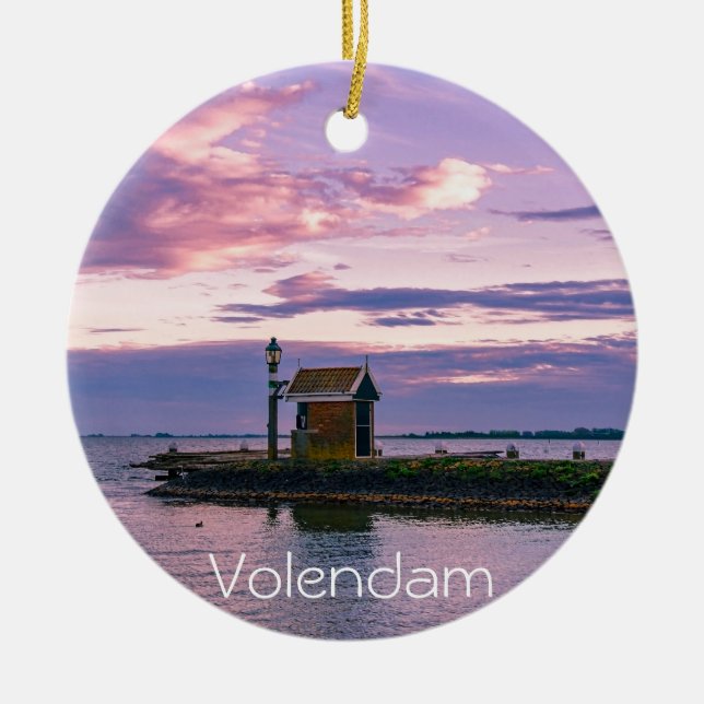 Pink sunset over lake ceramic ornament (Front)