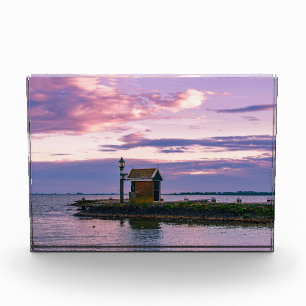 Pink sunset over lake photo block