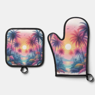 Pink Sunset Tropical Beach Palms Oven Mitt & Pot Holder Set