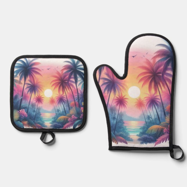Pink Sunset Tropical Beach Palms Oven Mitt & Pot Holder Set (Front)