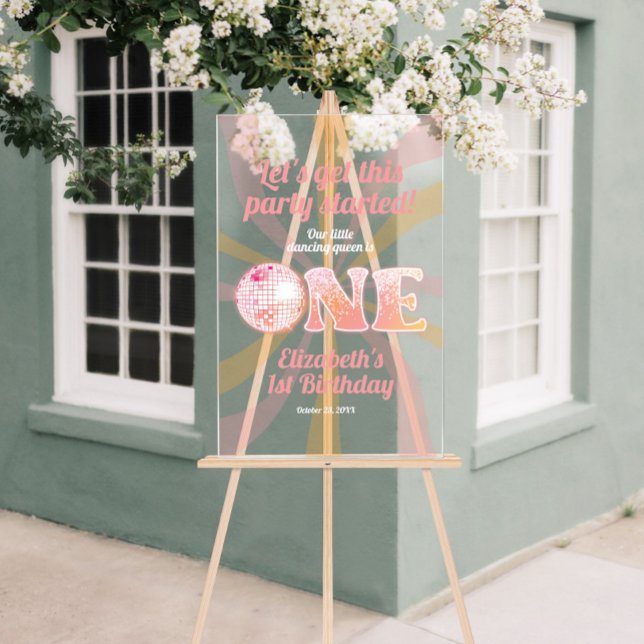 Pink Super Dancing Queen 1er anniversaire Bienvenu (Pink Groovy Dancing Queen 1st Birthday Welcome Acrylic Sign)