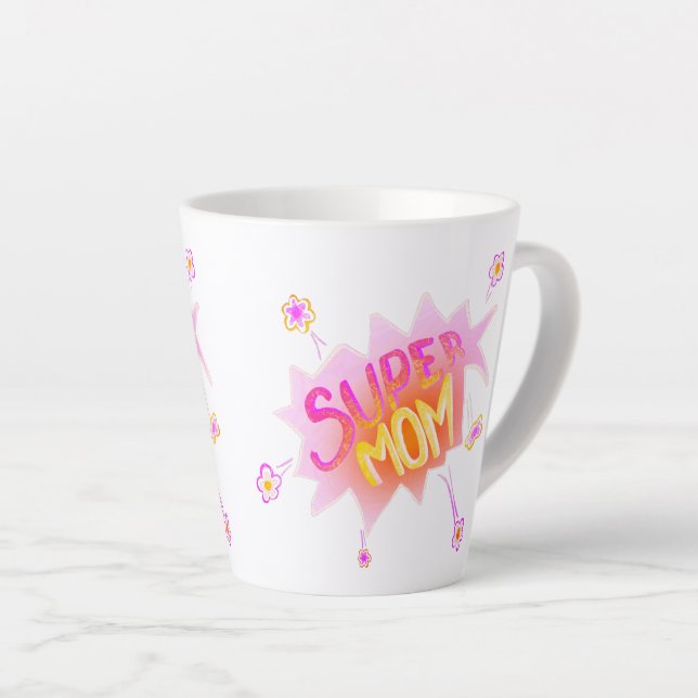Pink Super Mom Flower Comic Bubble Mother`s Day  Latte Mug (Right Angle)