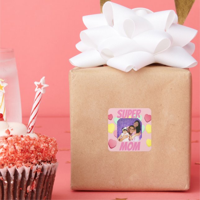 Pink Super Mom Photo Colourful Hearts | Mothers Da Square Sticker (Party)