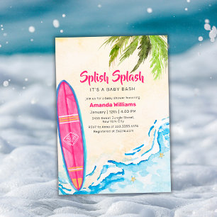 Pink Surf Plam Tree Beach Baby Shower Invitation