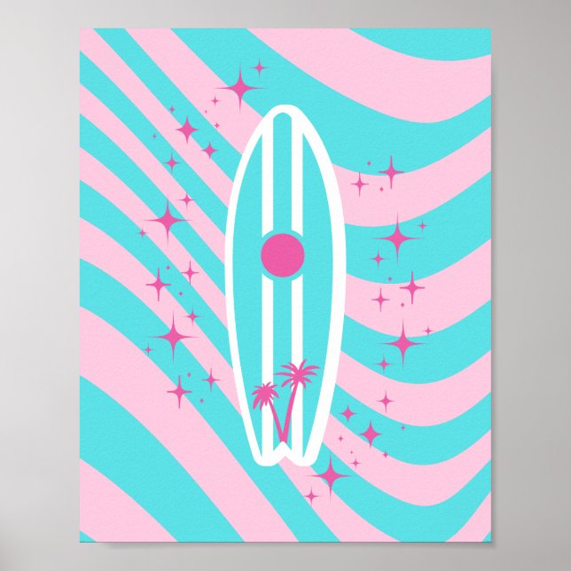 Pink Surfboard, Beach Art, Tropical Vibes, Preppy Poster (Front)