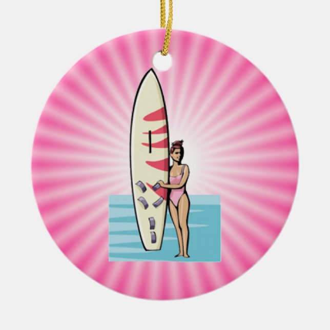 Pink Surfer Girl Ceramic Ornament (Front)