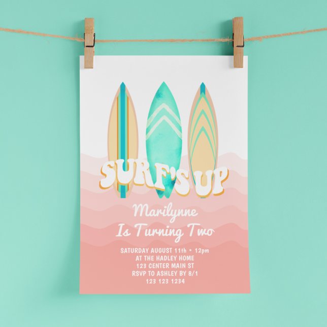 Pink Surfs Up Surfboard 2nd Birthday Invitation (Creator Uploaded)