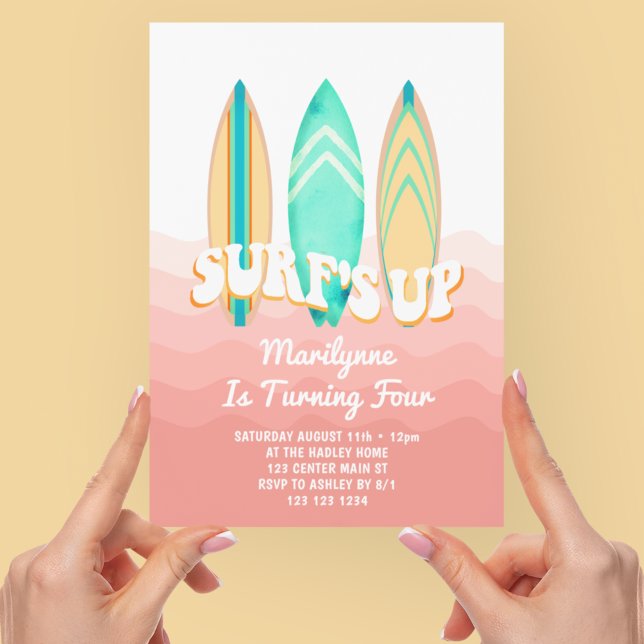 Pink Surfs Up Surfboard 4th Birthday Invitation (Creator Uploaded)