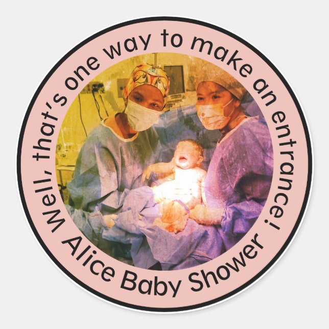 PINK Surgeon Baby Delivery Theme for New Parents   Classic Round Sticker (Front)
