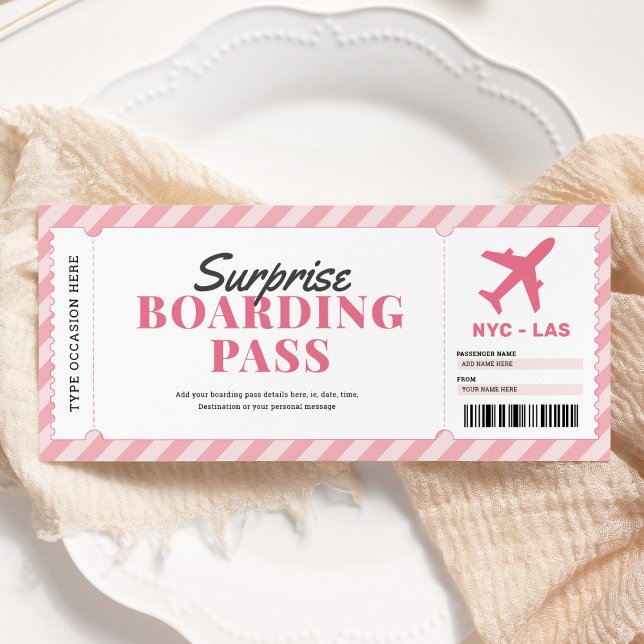 Pink Surprise Boarding Pass Airplane Gift Ticket Invitation (Creator Uploaded)