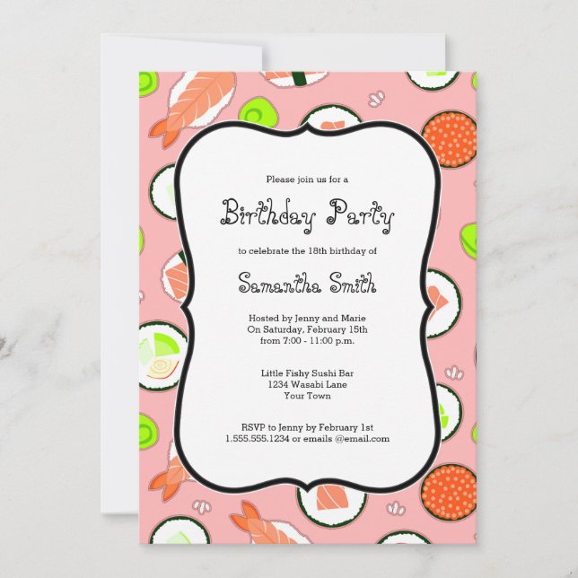 Pink Sushi Theme Birthday Party Invitation (Front)