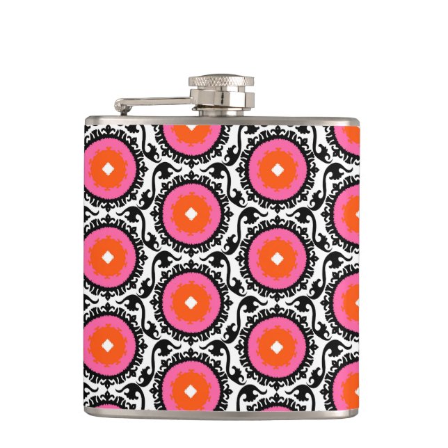 Pink Suzani Pattern Hip Flask (Front)