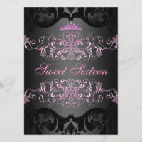 Pink Sweet16 Elegant Tiara Damask Birthday Invite
