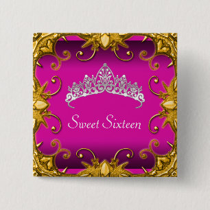 Pink Sweet 16 Birthday Party Gold White Tiara 2 Inch Square Button