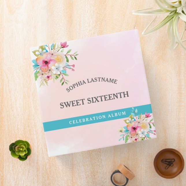 Pink Sweet 16 Floral Personalized Keepsake Binder (In Situ)