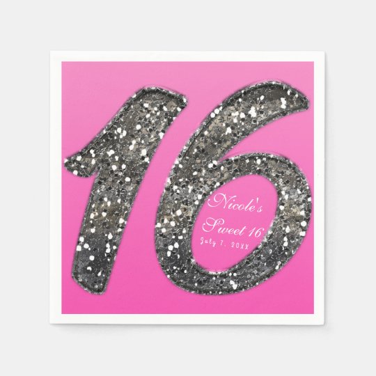 Pink Sweet 16 Glitter Glam Birthday Party Custom Disposable Napkins