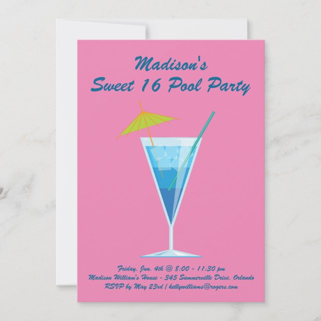 Pink Sweet 16 Pool Party Invitation (Devant)