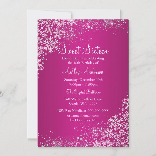 Pink Sweet 16 Winter Wonderland Sparkle Snowflakes Invitation (Front)