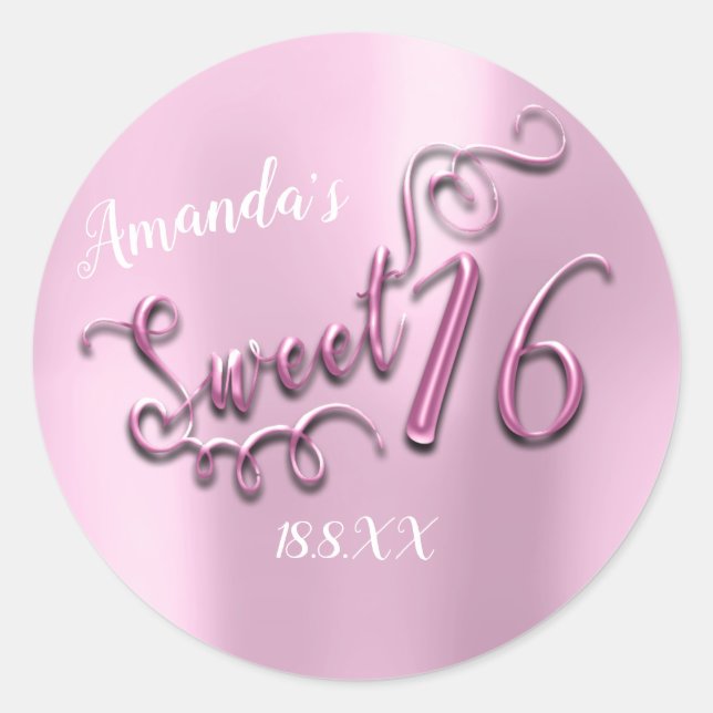Pink Sweet 16th Script Heart Balloons Girly Classic Round Sticker (Front)