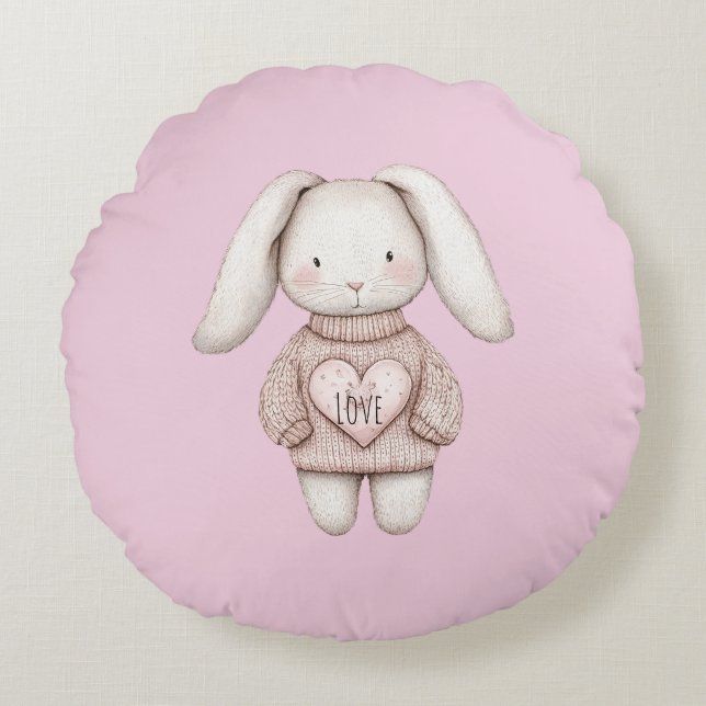 Pink Sweet Cute Bunny Pink Sweater Heart Round Pillow (Front)