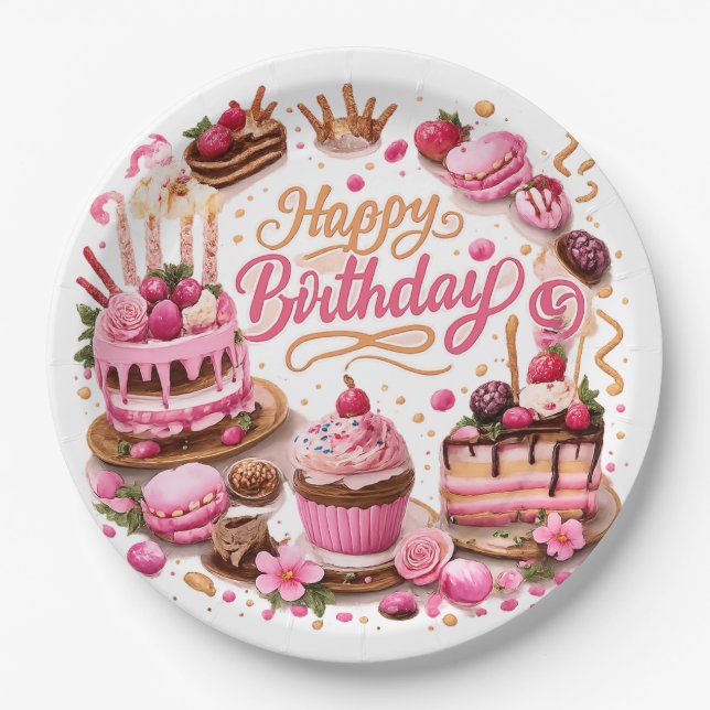 Pink Sweet Dessert Birthday Party Paper Plates (Front)