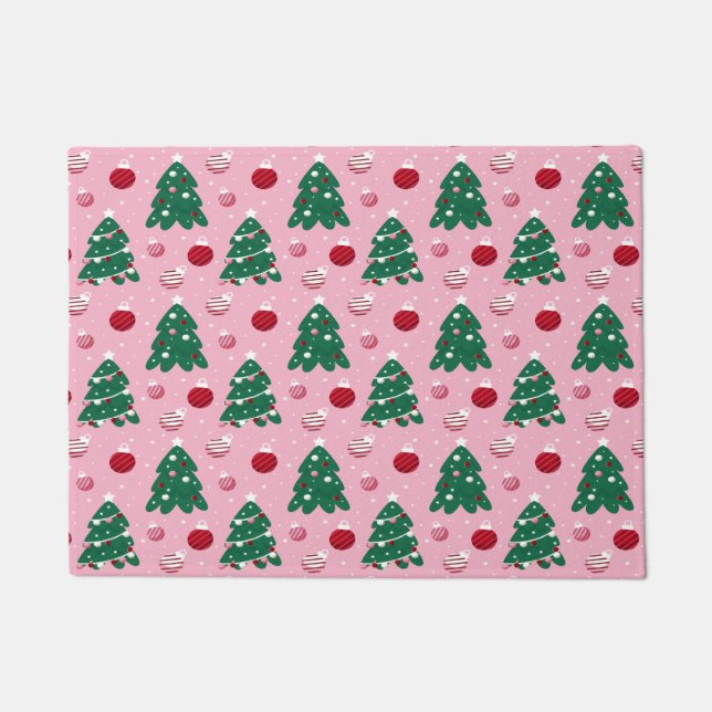 Pink Sweet Greenery Christmas Tree Holiday  Doormat (Front)