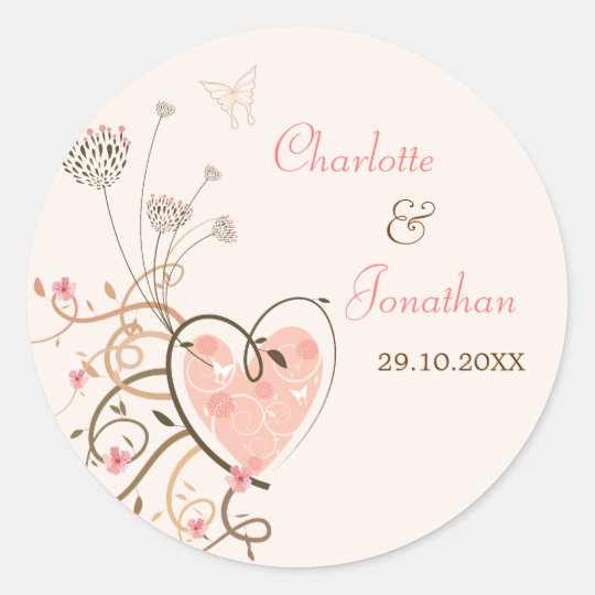 Pink Sweet Heart Butterfly Swirls Wedding Sticker