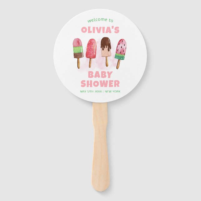 Pink Sweet Ice Cream Popcicle Baby Shower Welcome  Hand Fan (Front)